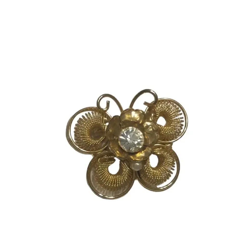 Vtg Butterfly‎ brooch wire pin gold gem rhinestone MCM fashion jewelry granola